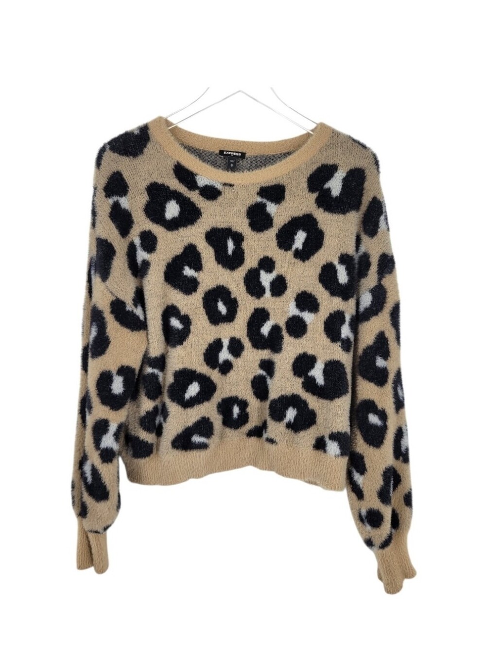 EXPRESS Fuzzy Leopard Print Crop Sweater Medium Tan Black Eyelash Knit Soft M